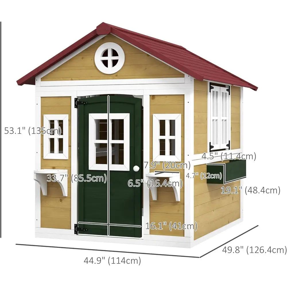 Children's Wooden Playhouse with Doors, Windows, and Planters,