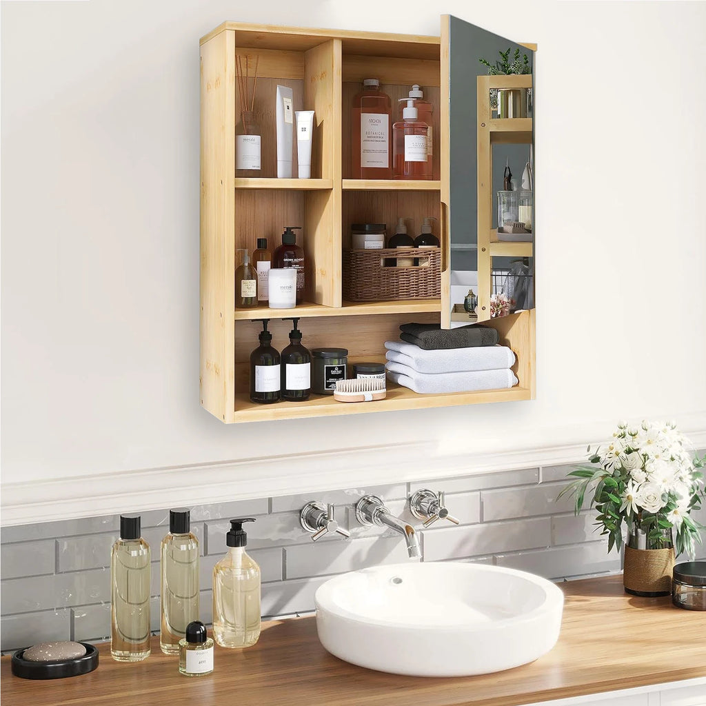 Natural Bamboo Bathroom  Medicine Cabinet with Mirror & 5 Open-Shelves