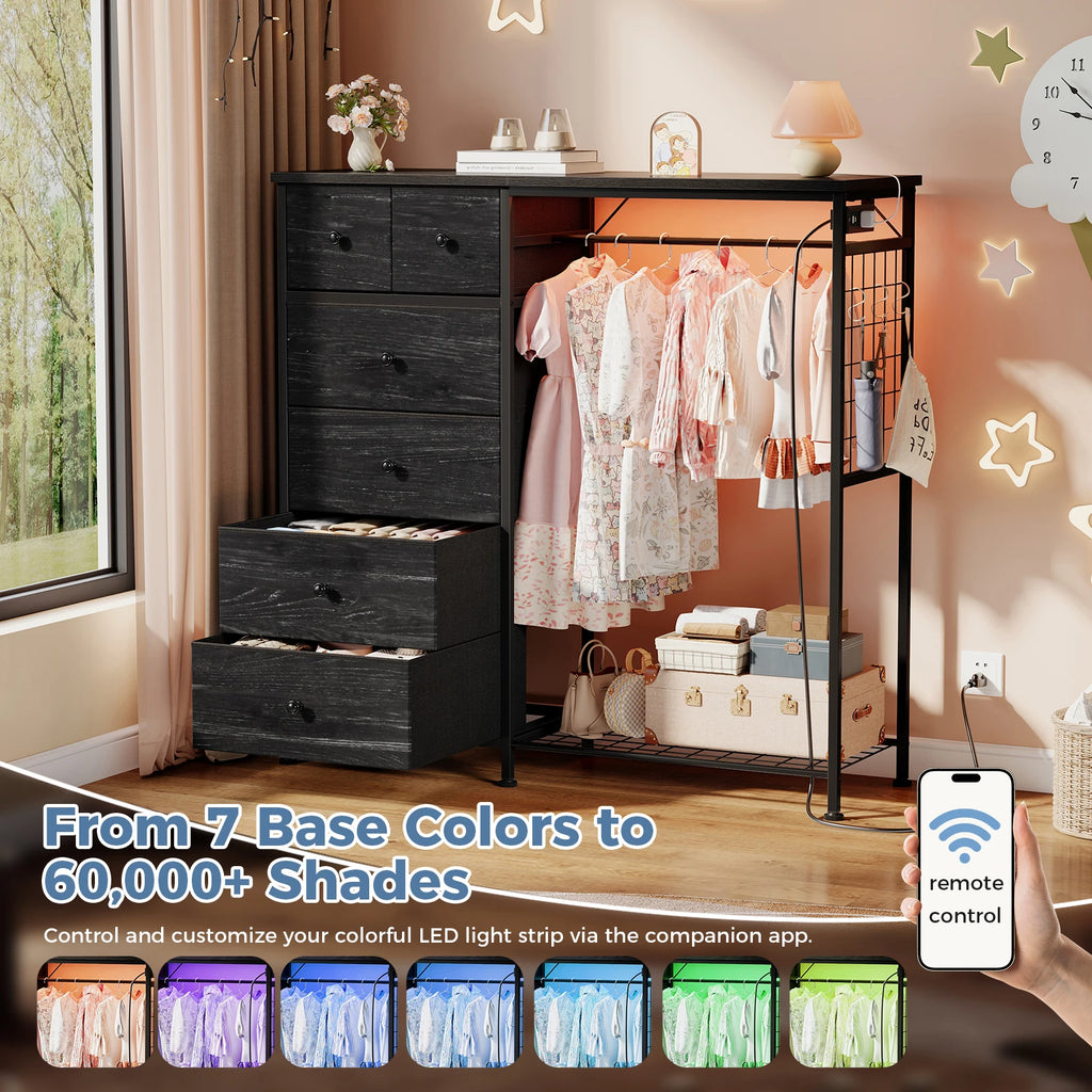 6 Drawer Fabric Dresser with Hanging Rack, Charging Station and LED Lights