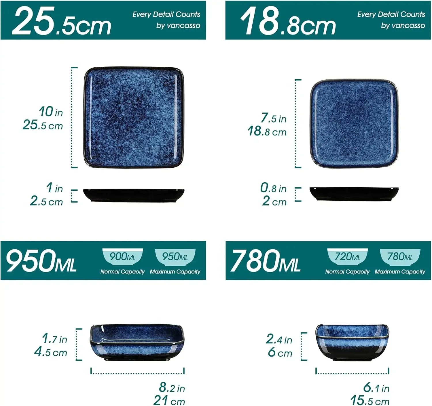 Stern Blue Square Dinnerware Set 16 Pieces Kitchen  Stoneware