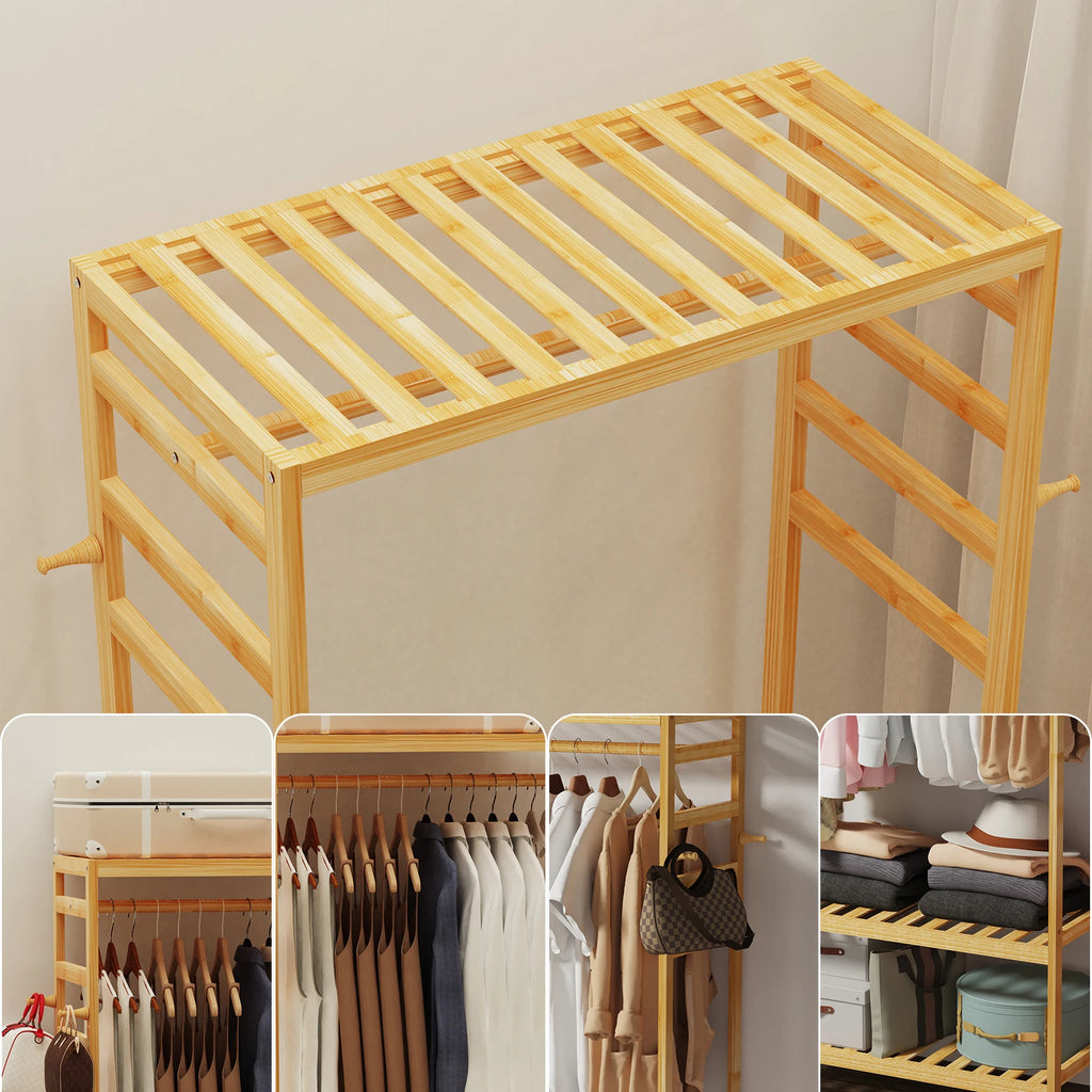 Heavy Duty Wooden Clothes Rail Rack Hanging Stand Side Hooks
