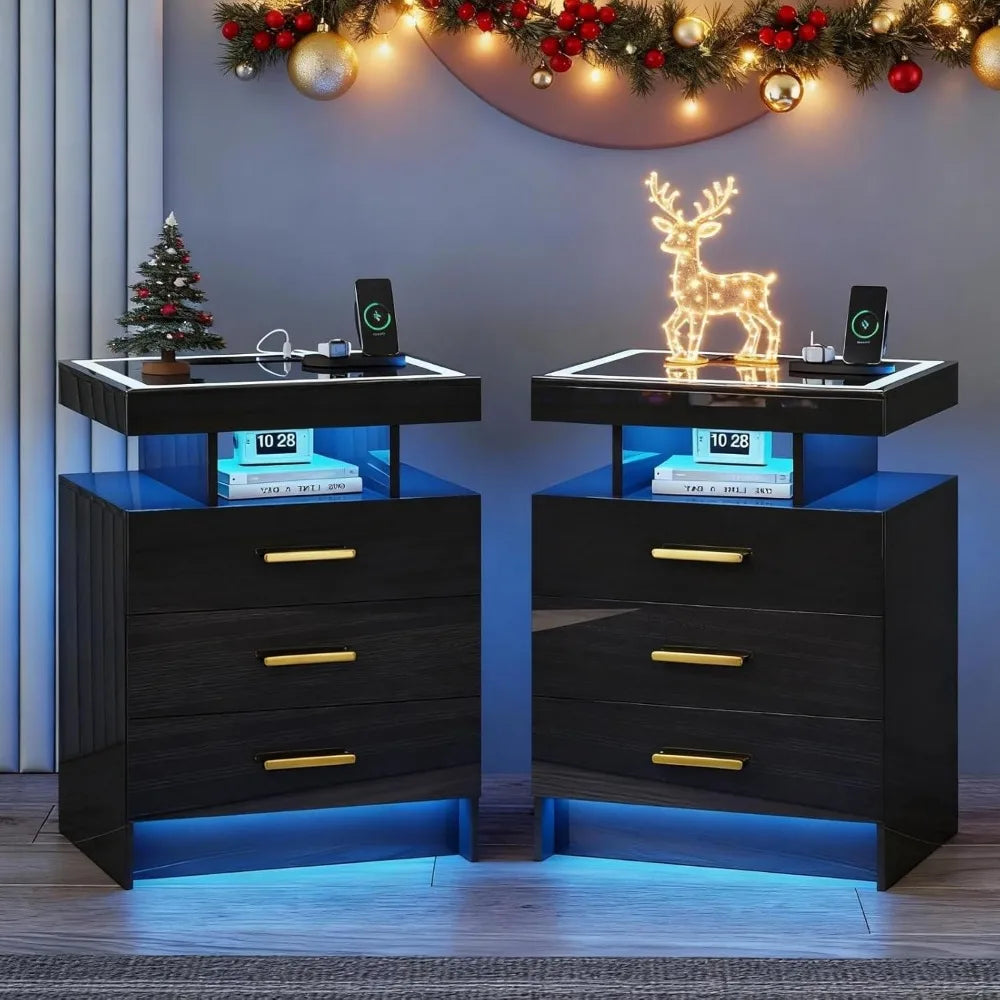 Black Night Stand Set 2  with Wireless Charging 3 Drawers Glass Top