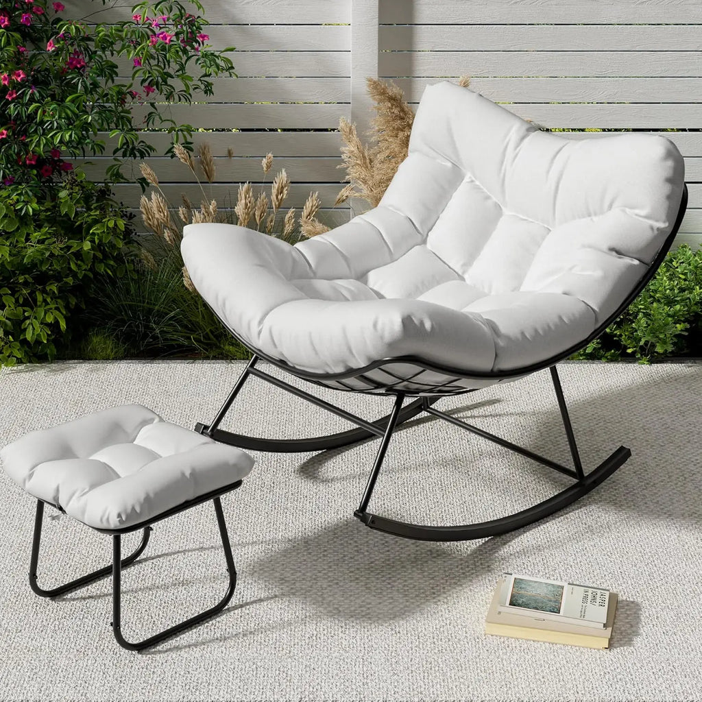 Outdoor Oversized Papasan Rattan Egg  Rocking Chair with Footrest, For, Patio ,  Balcony, Backyard ,Porch, Bedroom.