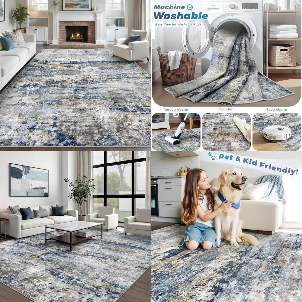 8x10 Washable Modern Abstract Neutral Area Rug - Soft, Non-Slip,