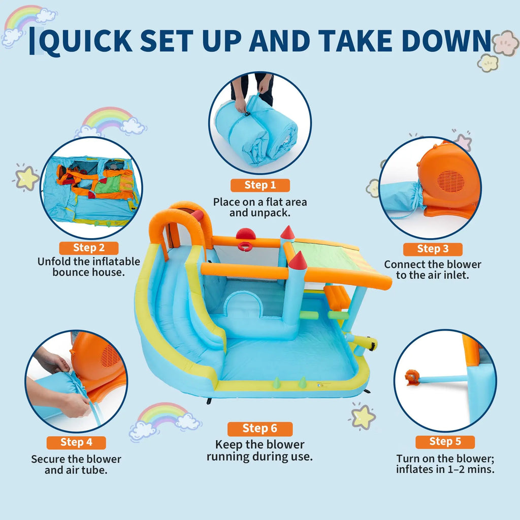 14FT Kids Bounce House With Slide & 450W Blower, 12-in-1 Inflatable Water Bouncer Party Castle Play