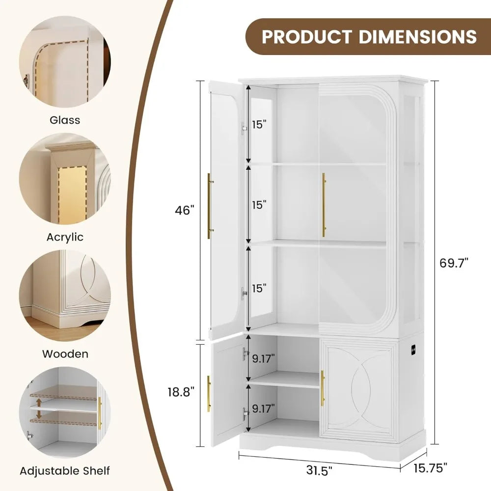 Display Cabinet with Glass Doors, 69 in Tall Bookcase with LED Lights,
