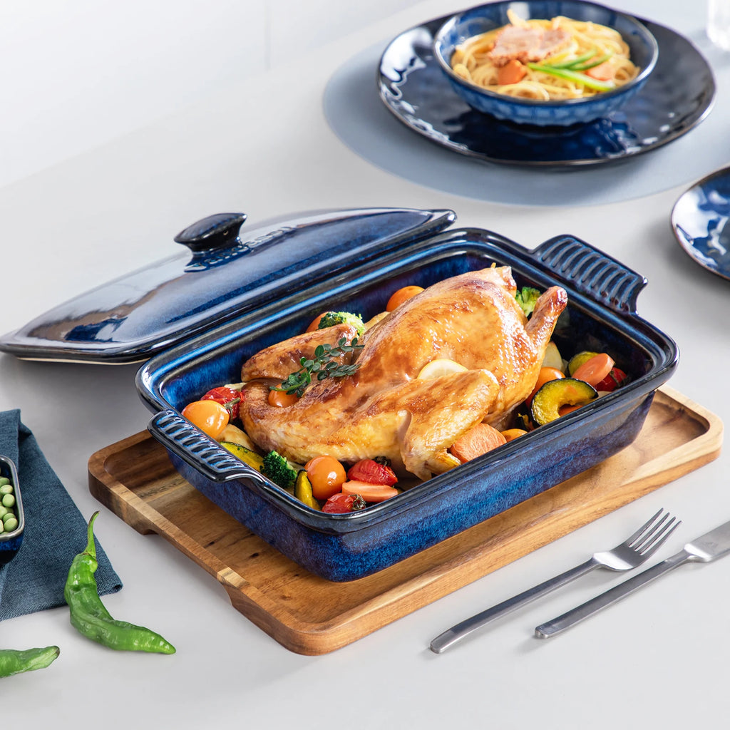 3.8L Blue Stoneware  Casserole Baking Dish with Lid Large Lasagna Pan,  Microwave Safe