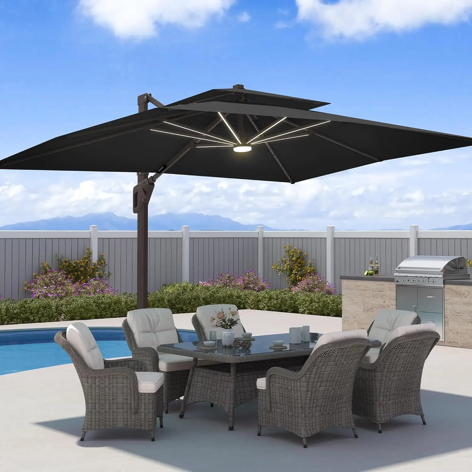 9x12 FT Offset  Patio Umbrella with LED Lights  Rectangle Aluminum