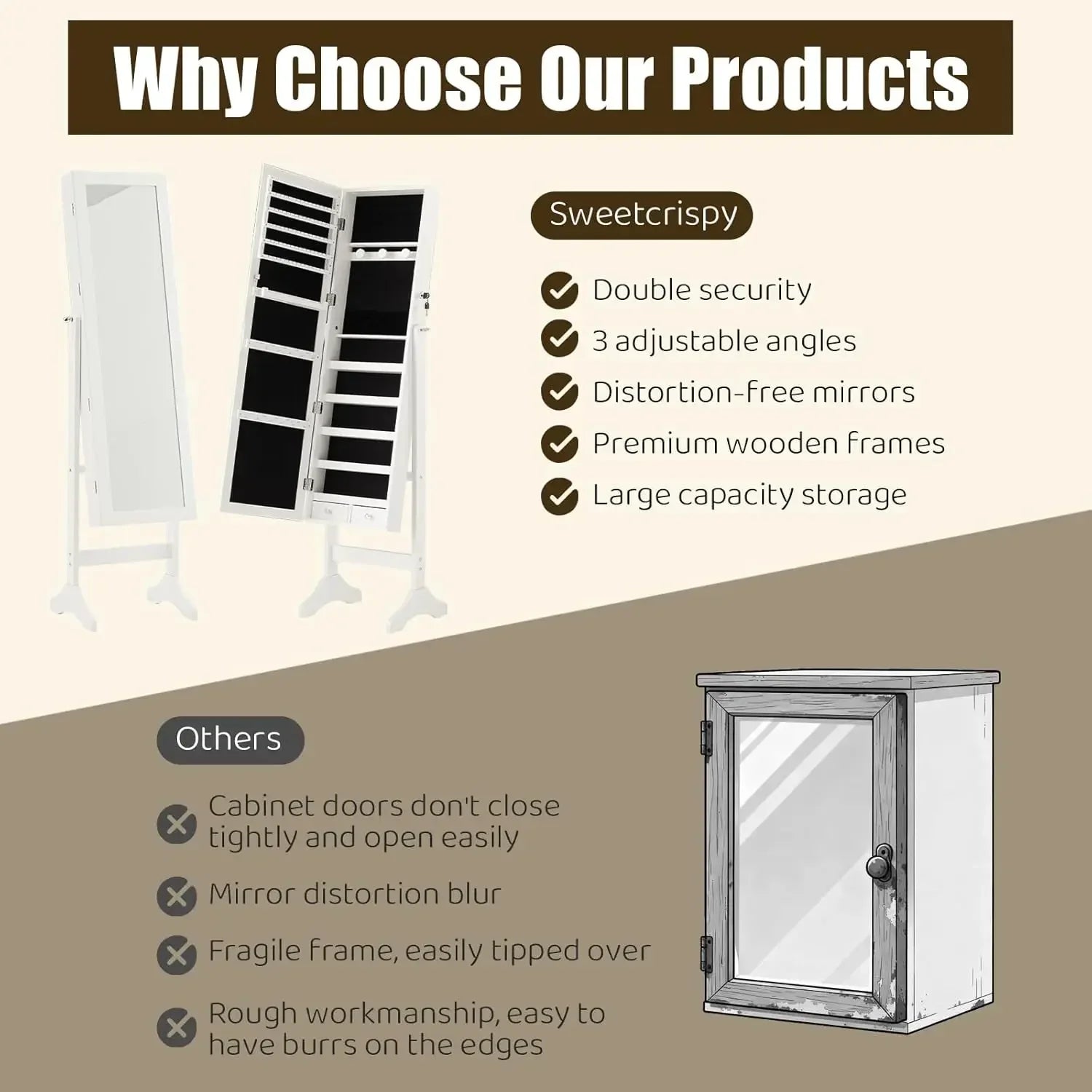 Jewelry Armoire Cabinet, 47.3-Inch Full Length  Standing Mirror, Tall Lockable Full