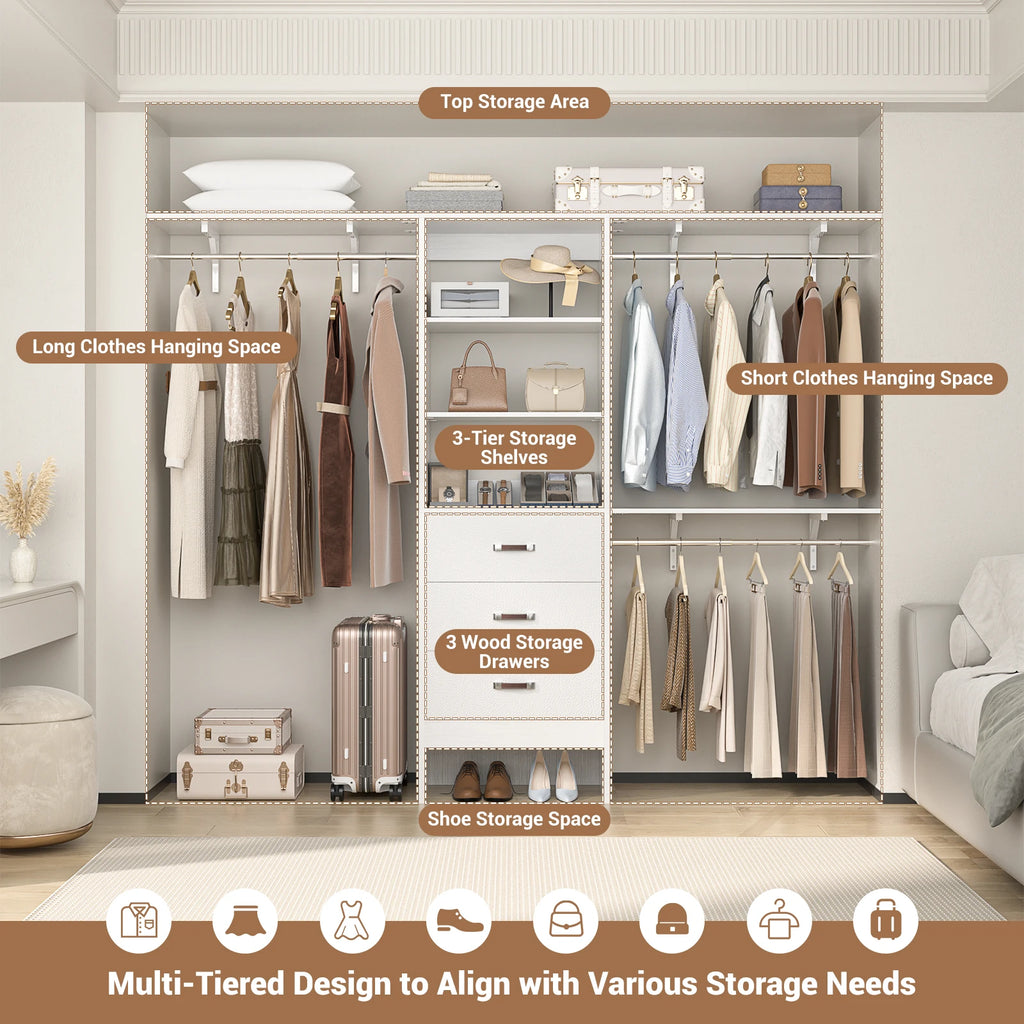 96 Inches Heavy Duty Closet System with 3 Drawers , Shelving Towers, Clothes Rack with Hanging Rods
