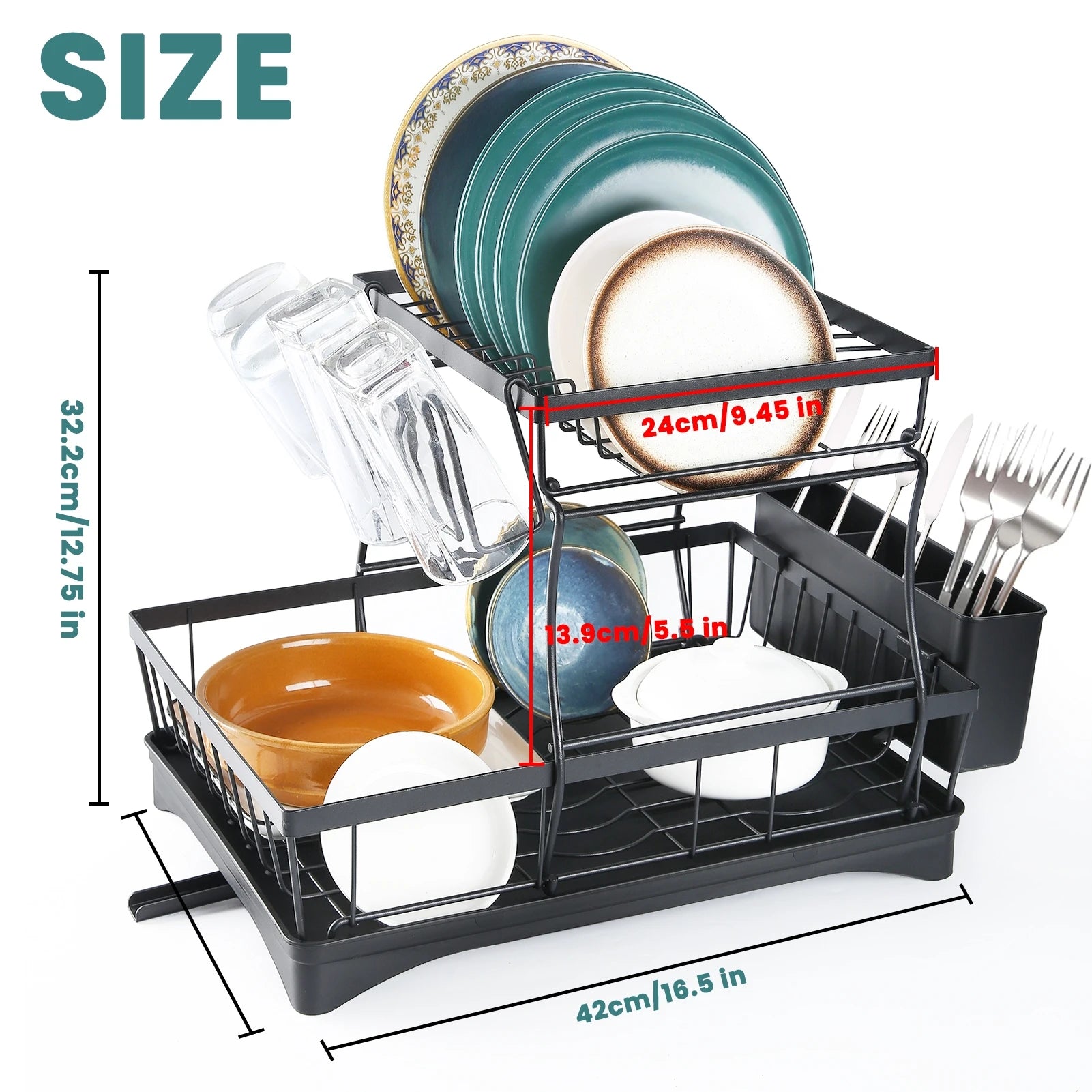 Large 2-tier dish drying rack for kitchen countertops, removable & large capacity