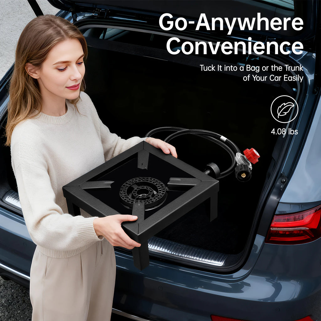Portable Single Burner Outdoor Gas Stove Propane Cooker with Adjustable 0-10Psi Regulator Hose