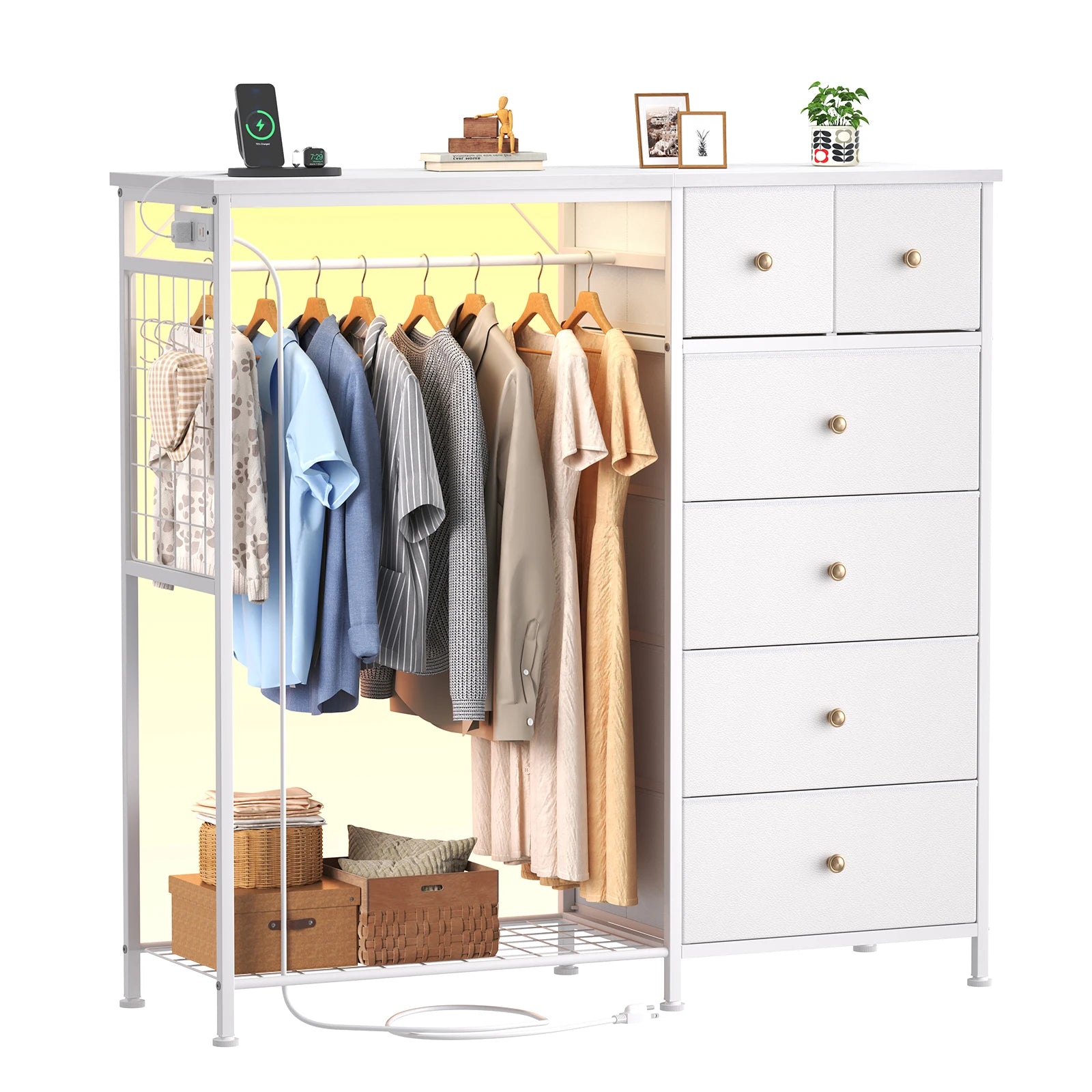 6 Drawer Fabric Dresser with Hanging Rack, Charging Station and LED Lights