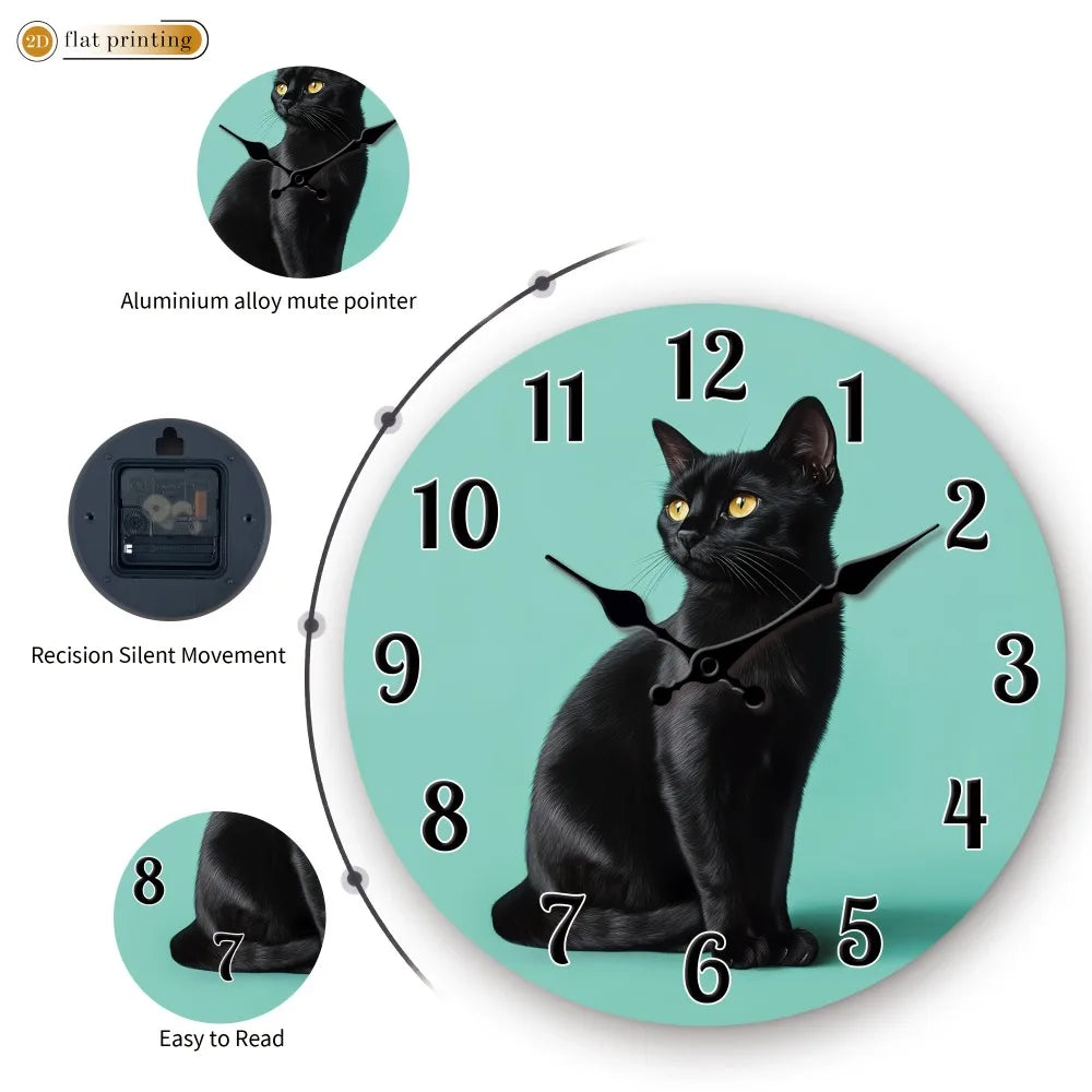 1pc Black Cat Portrait Wall Clock | Wooden Silent Clock, 2D Flat Printing,