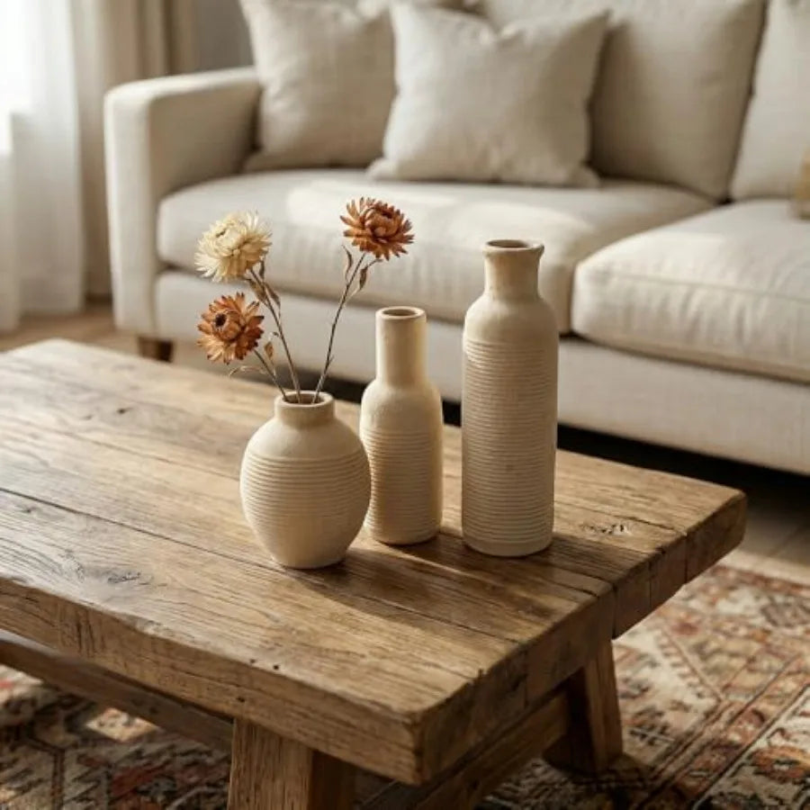 Rustic Farmhouse Ceramic Vase Set of 3 - - Pampas Grass Dried Fresh Flowers -