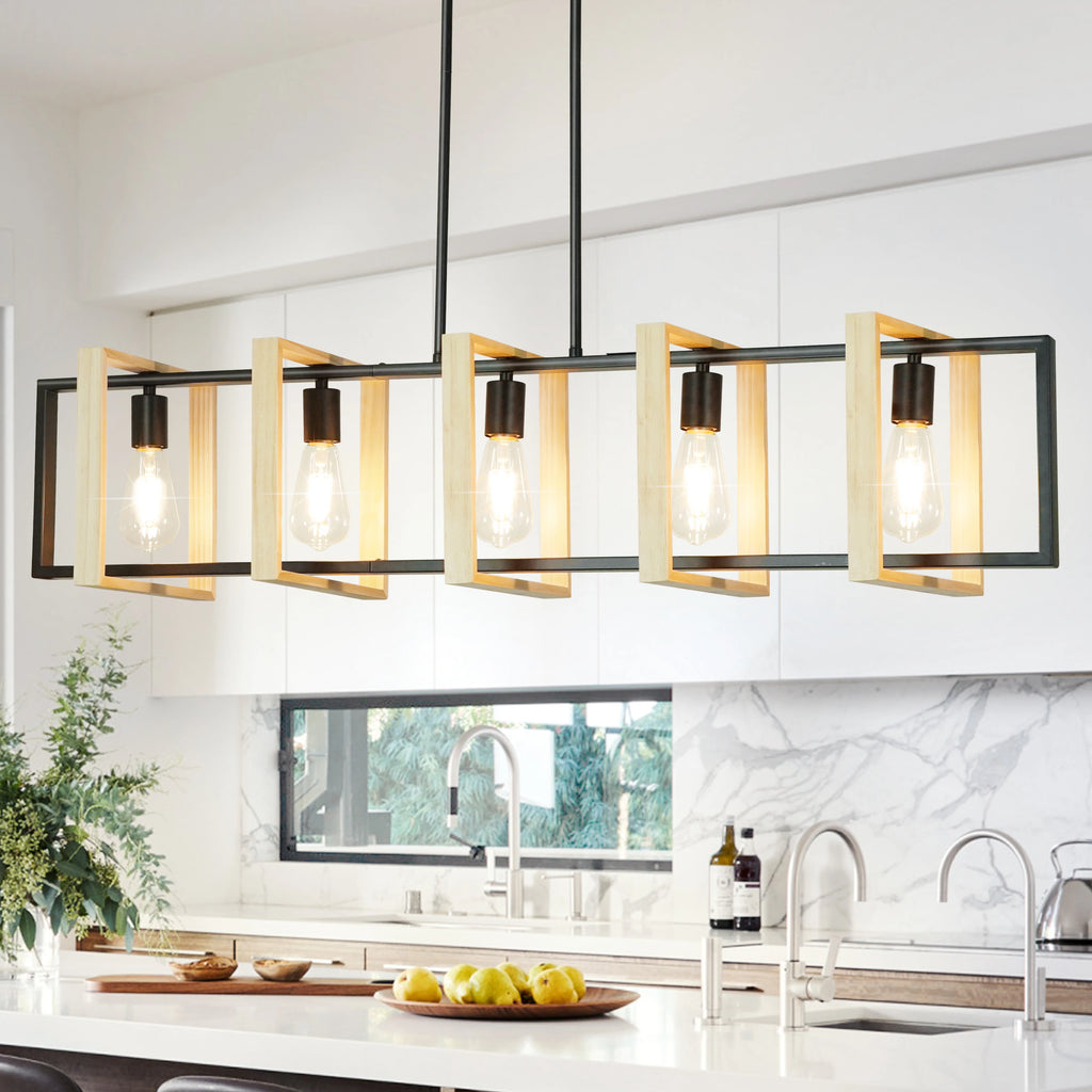 Modern Farmhouse Kitchen Island Light with Wood Shades- Dimmable  Chandeliers for Kitchen, Dining Room