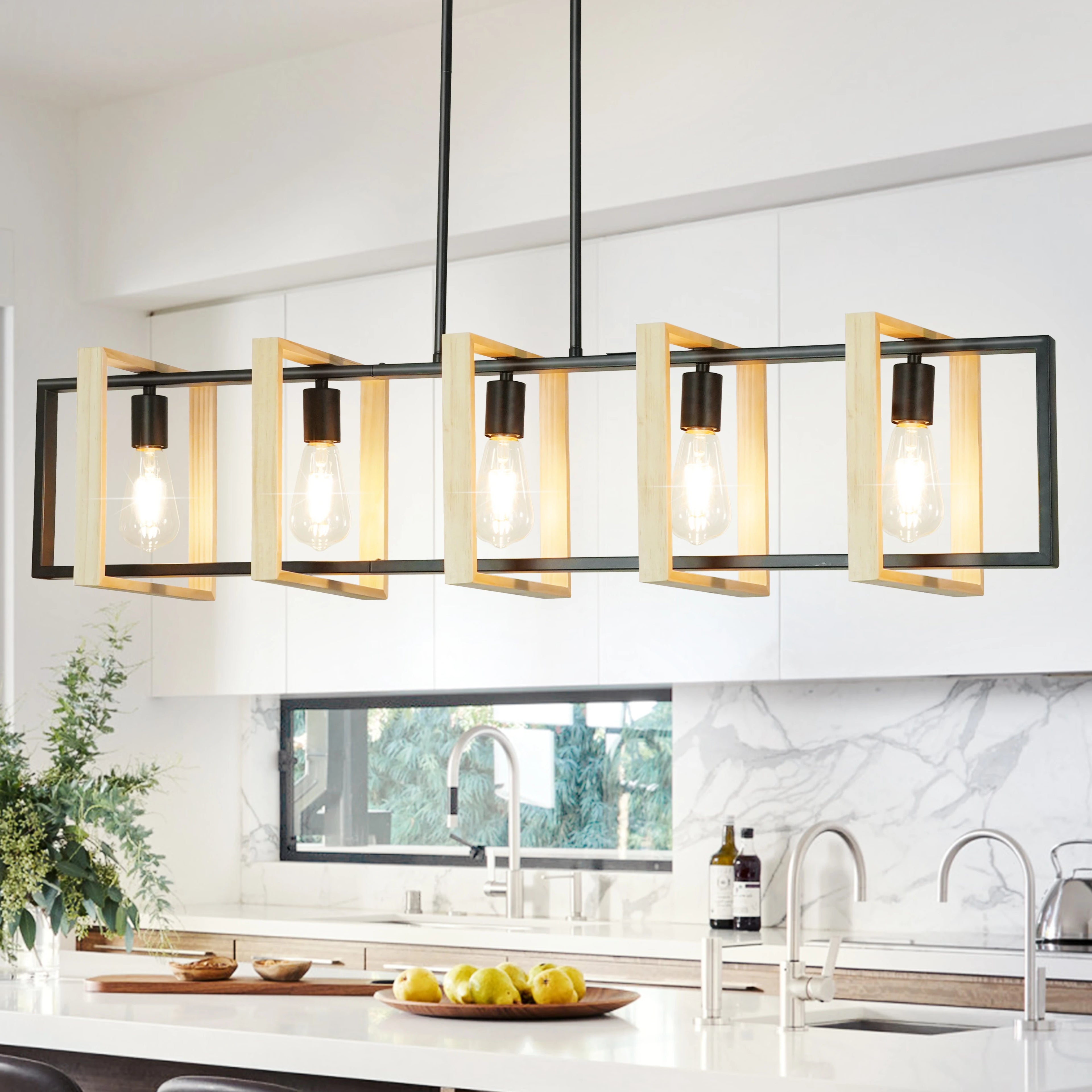 Modern Farmhouse Kitchen Island Light with Wood Shades- Dimmable  Chandeliers for Kitchen, Dining Room