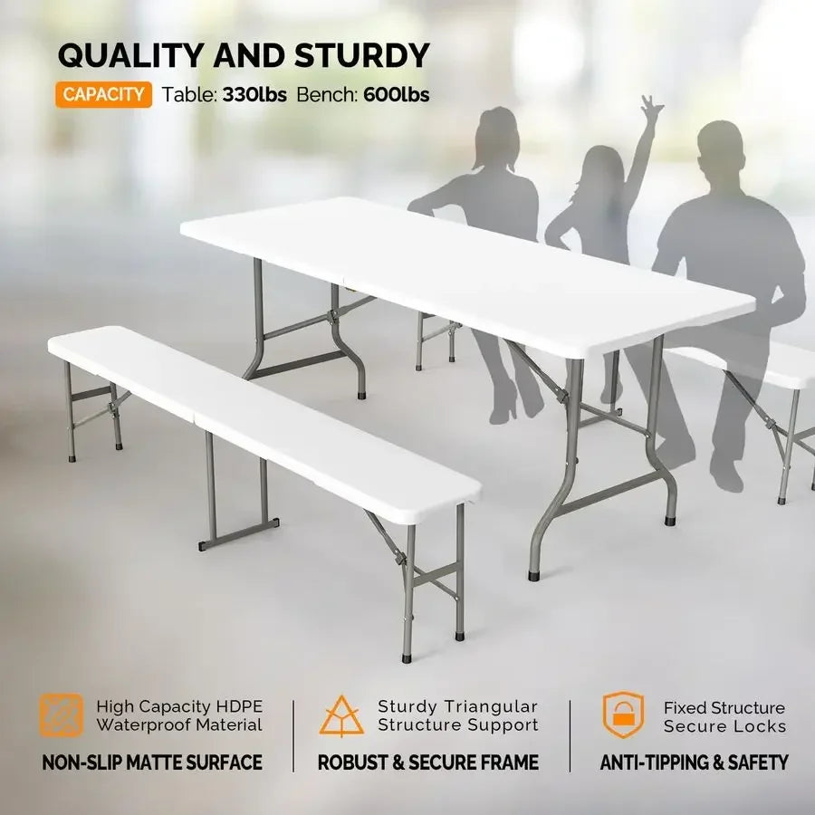 Picnic Table Set with 2 Benches, 6 Feet 3 Piece Set Folding