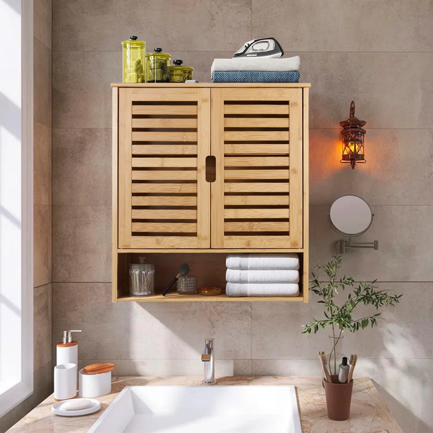 Wall Mounted Bamboo Bathroom Medicine  Cabinet Storage Shelf Cupboard Organizer Rack
