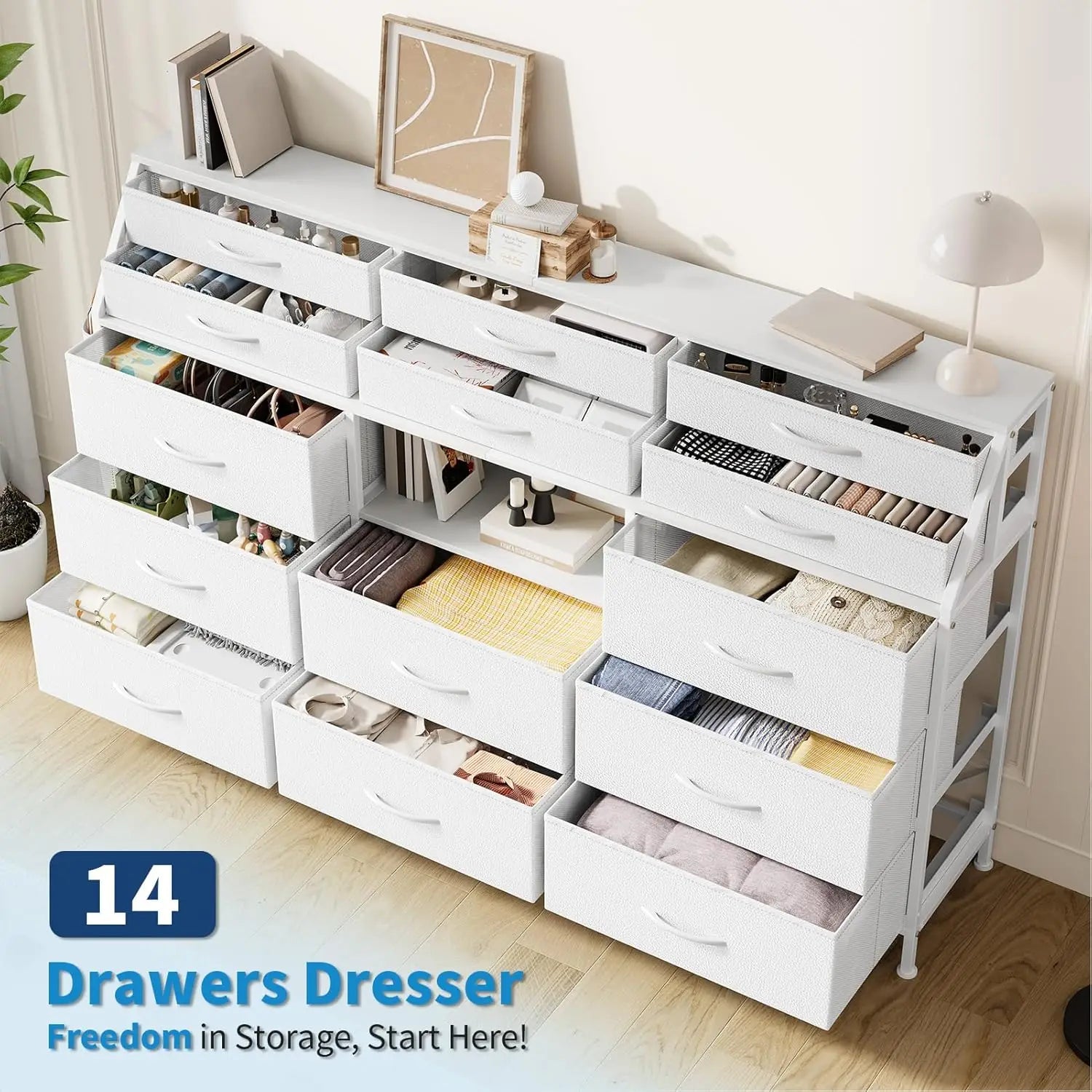 Large Fabric Dresser with 14 Drawers, Wooden top Storage, Sturdy Metal Frame