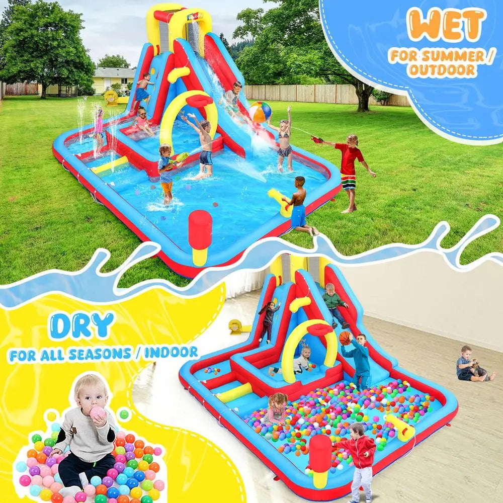 Inflatable Water Slide s, 16 in1 Backyard  with Deep Splash Pool, Unique Triple Sprinkler