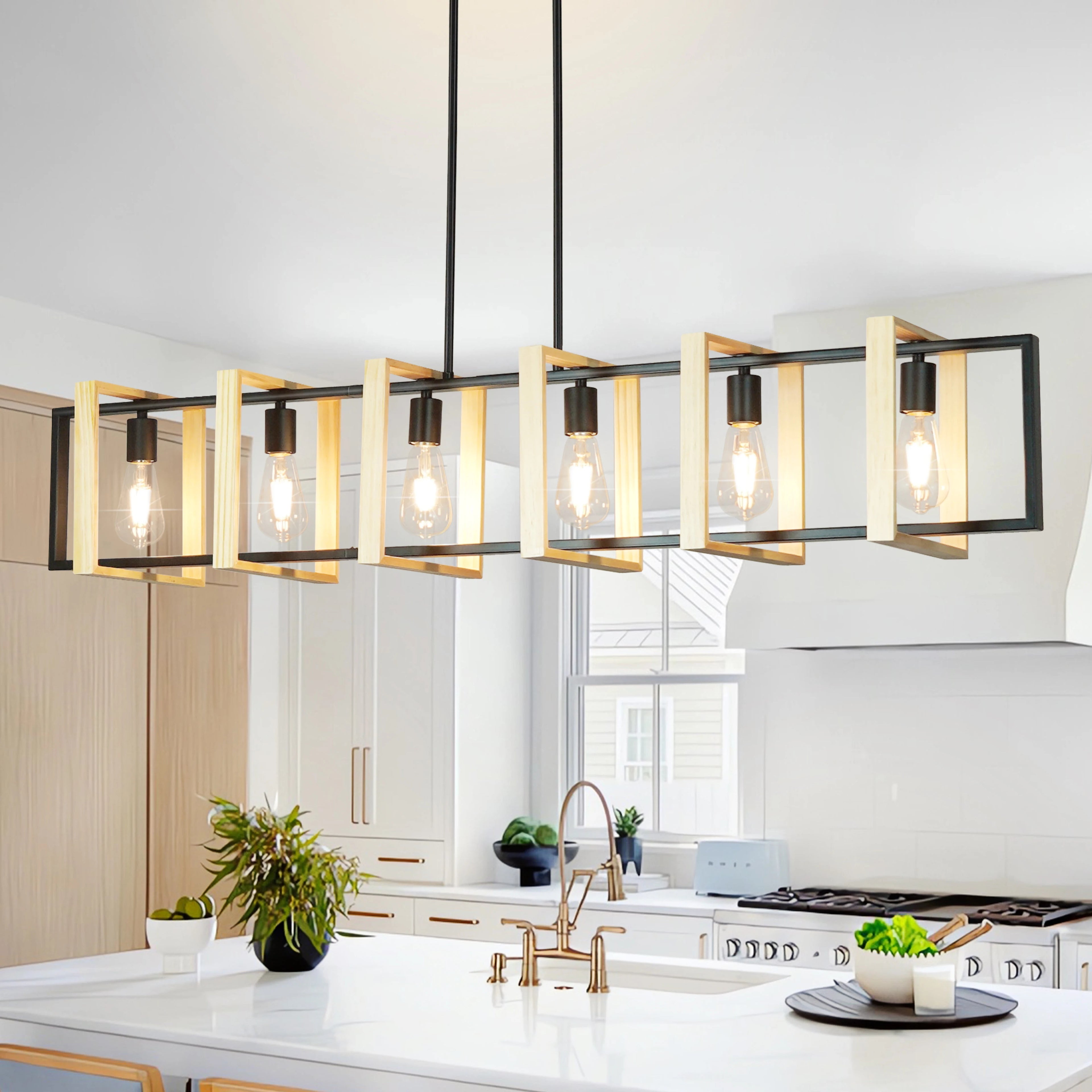 Modern Farmhouse Kitchen Island Light with Wood Shades- Dimmable  Chandeliers for Kitchen, Dining Room