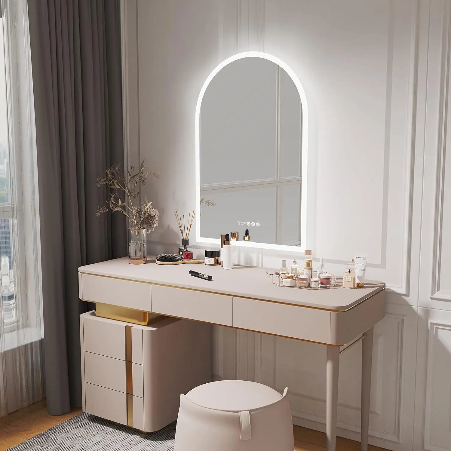 Backlit Smart LED Bathroom Mirror: 36 x 24 Inch Arched Dimmable 3 Colors Anti-Fog Lighted Mirrors with Time Temperature
