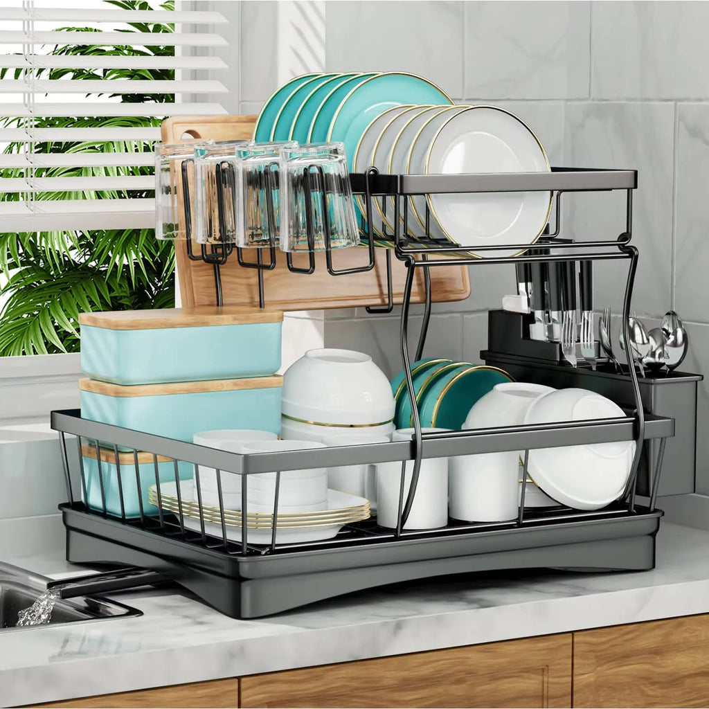Large 2-tier dish drying rack for kitchen countertops, removable & large capacity