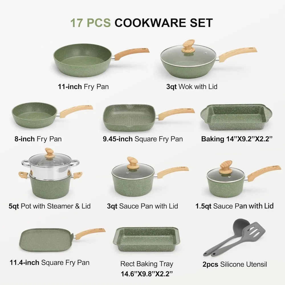 17 Piece  Nonstick Pots and Pans Set, Induction Compatible Cookware