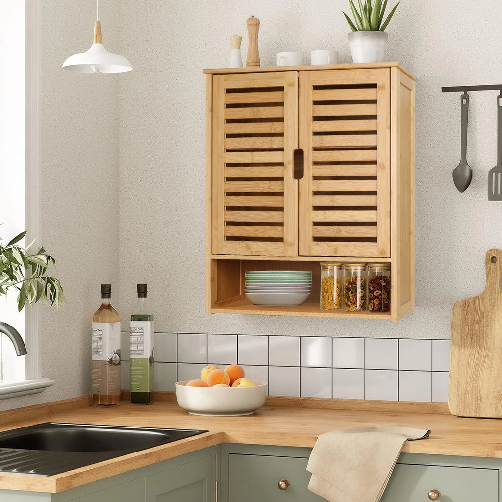 Wall Mounted Bamboo Bathroom Medicine  Cabinet Storage Shelf Cupboard Organizer Rack
