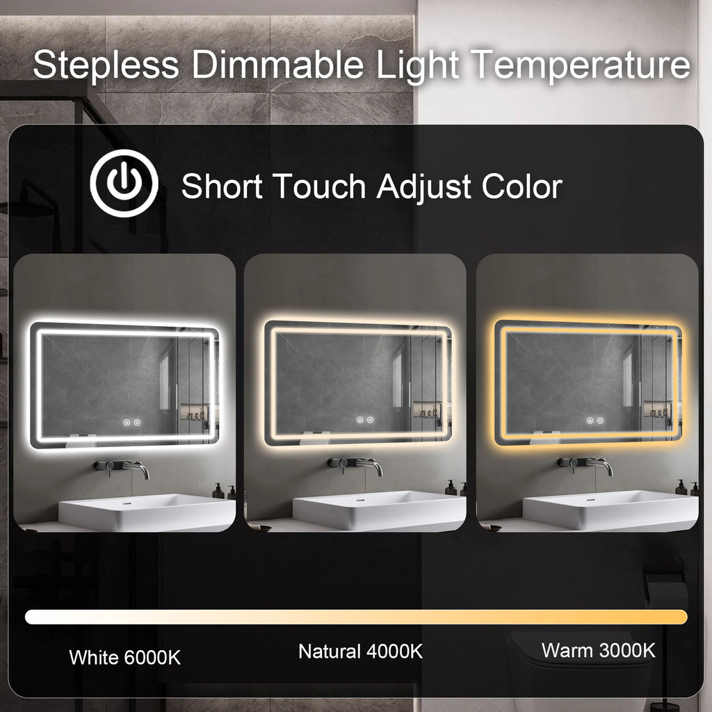 LED Bathroom Vanity Mirror Wall  With Lights Stepless Dimmable Lighted  For Wall Rectangle