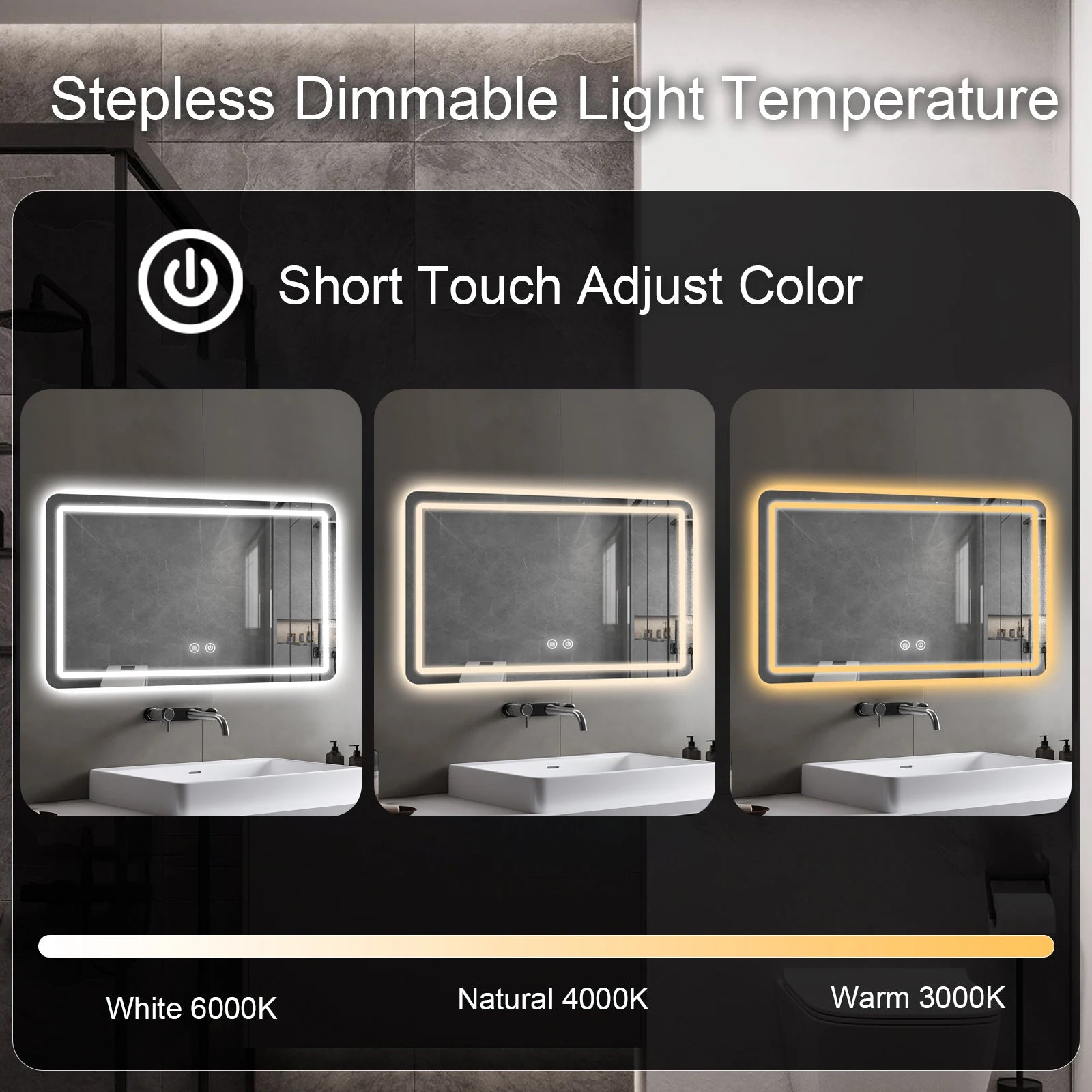 LED Bathroom Vanity Mirror Wall  With Lights Stepless Dimmable Lighted  For Wall Rectangle