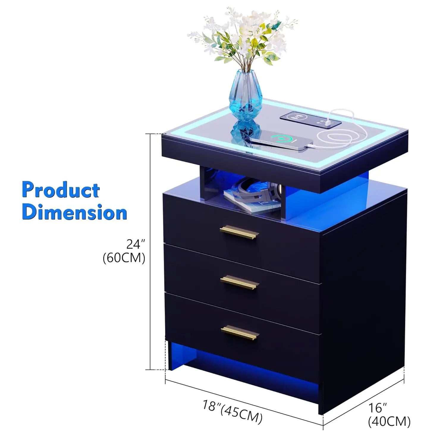 Nightstands with Wireless Charging , Auto Sensor 3 Color Dimmable LED