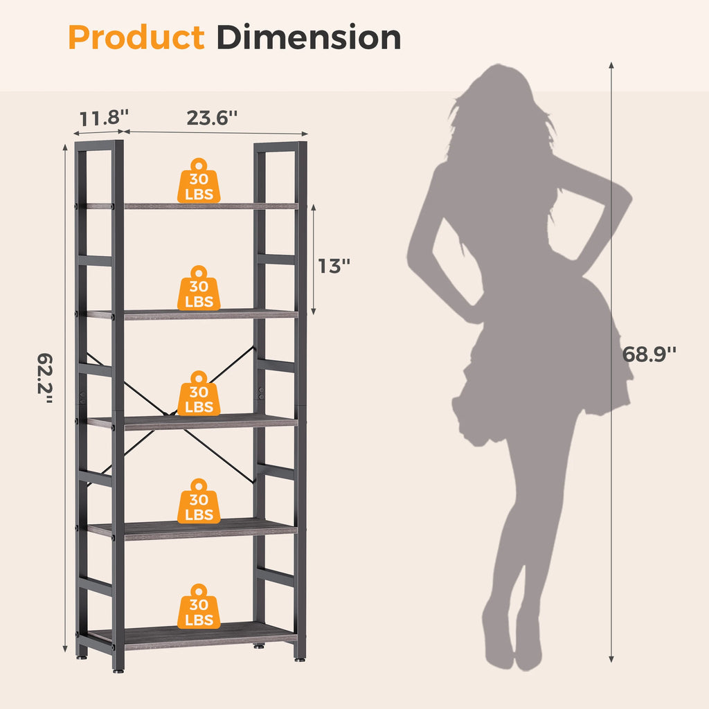 5 Tiers Wooden Storage  Display Bookshelf with Adjustable Graduated Shelves