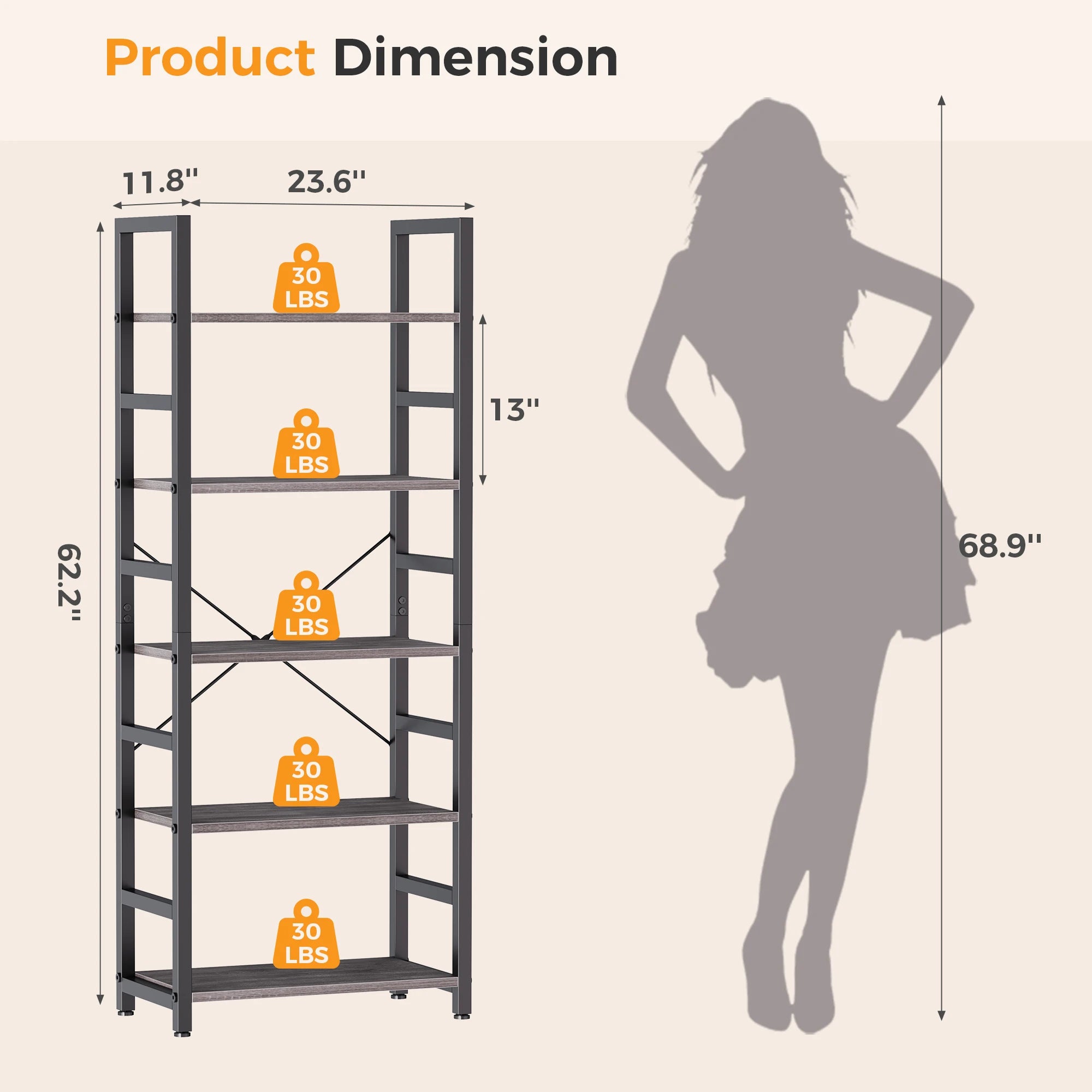 5 Tiers Wooden Storage  Display Bookshelf with Adjustable Graduated Shelves