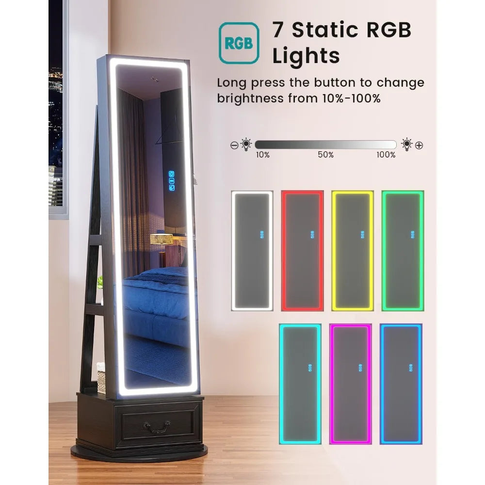 LED Full Length Standing Mirror Jewelry Cabinet with Lights, Lockable with Storage,