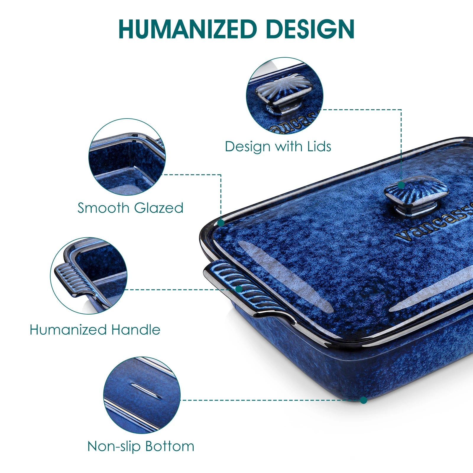 3.8L Blue Stoneware  Casserole Baking Dish with Lid Large Lasagna Pan,  Microwave Safe
