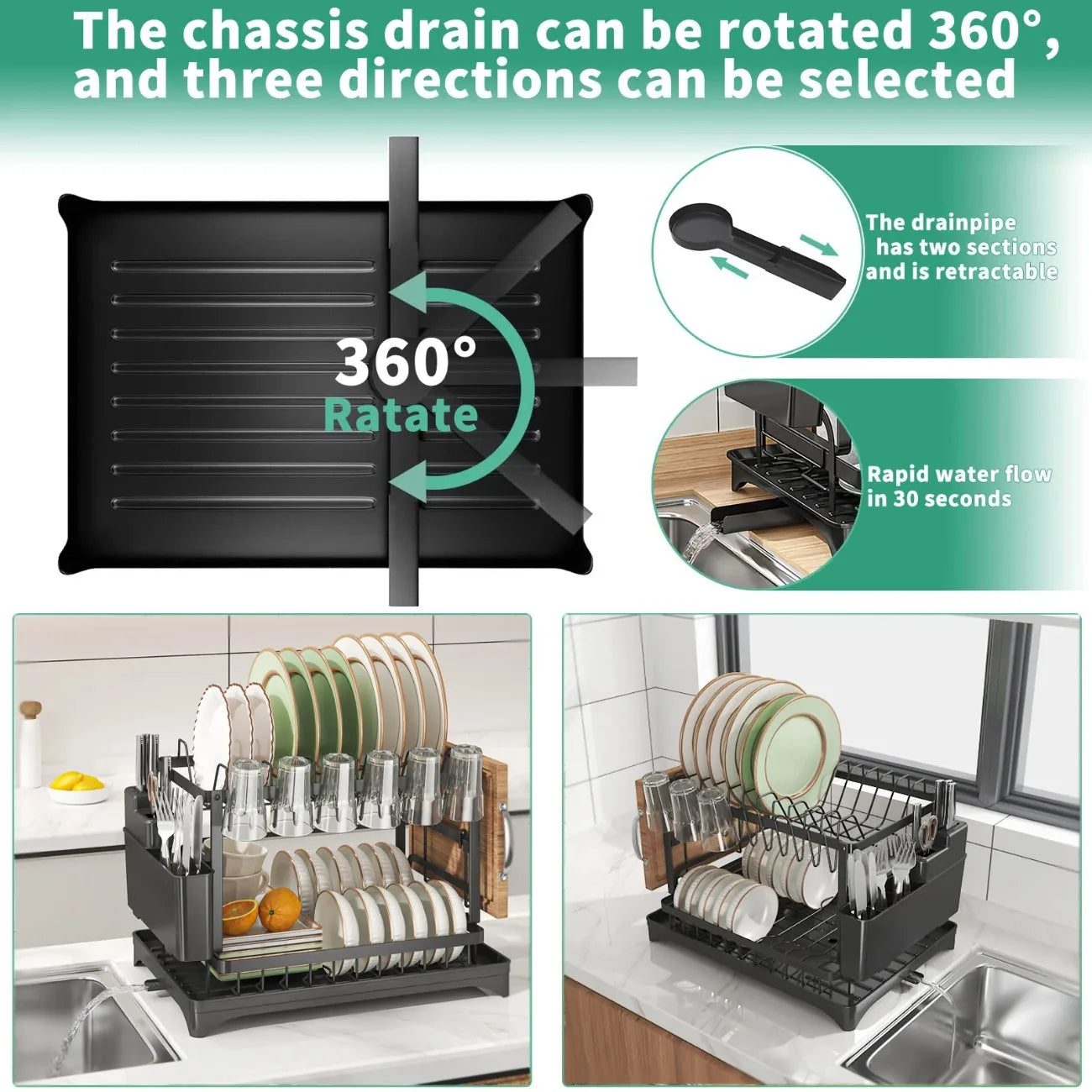 2-Tier Rotating Dish Drying Rack – 360° Swivel Drainboard  & Utensil Holder, No-Drill Metal Organizer