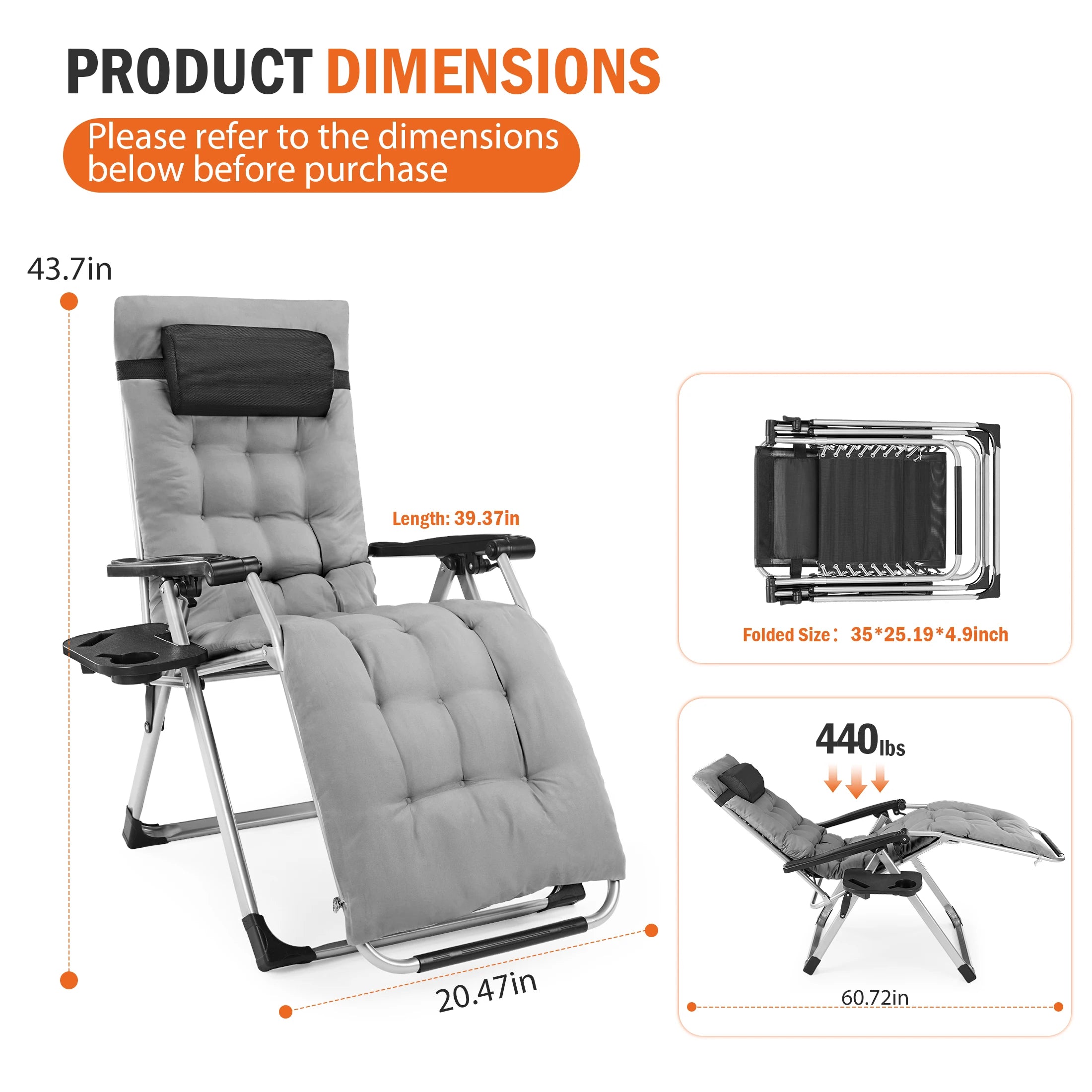 Reclining Camping Lounge Chair Soft Cushion Patio Chairs with Cup Holder Trays and Removable Cushion Folding