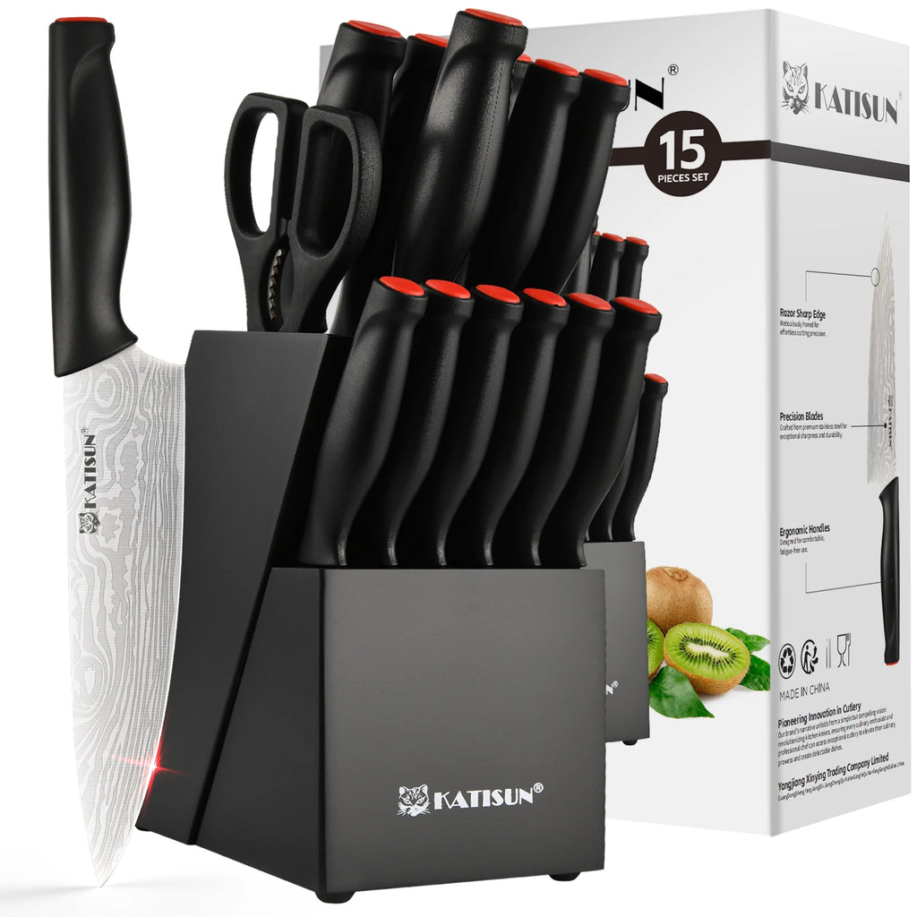 15 Pieces Kitchen Knife Block Set, Ergonomic Black Anti-Slip Handle with Red Trim, Includes Sharpener