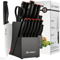 15 Pieces Kitchen Knife Block Set, Ergonomic Black Anti-Slip Handle with Red Trim, Includes Sharpener