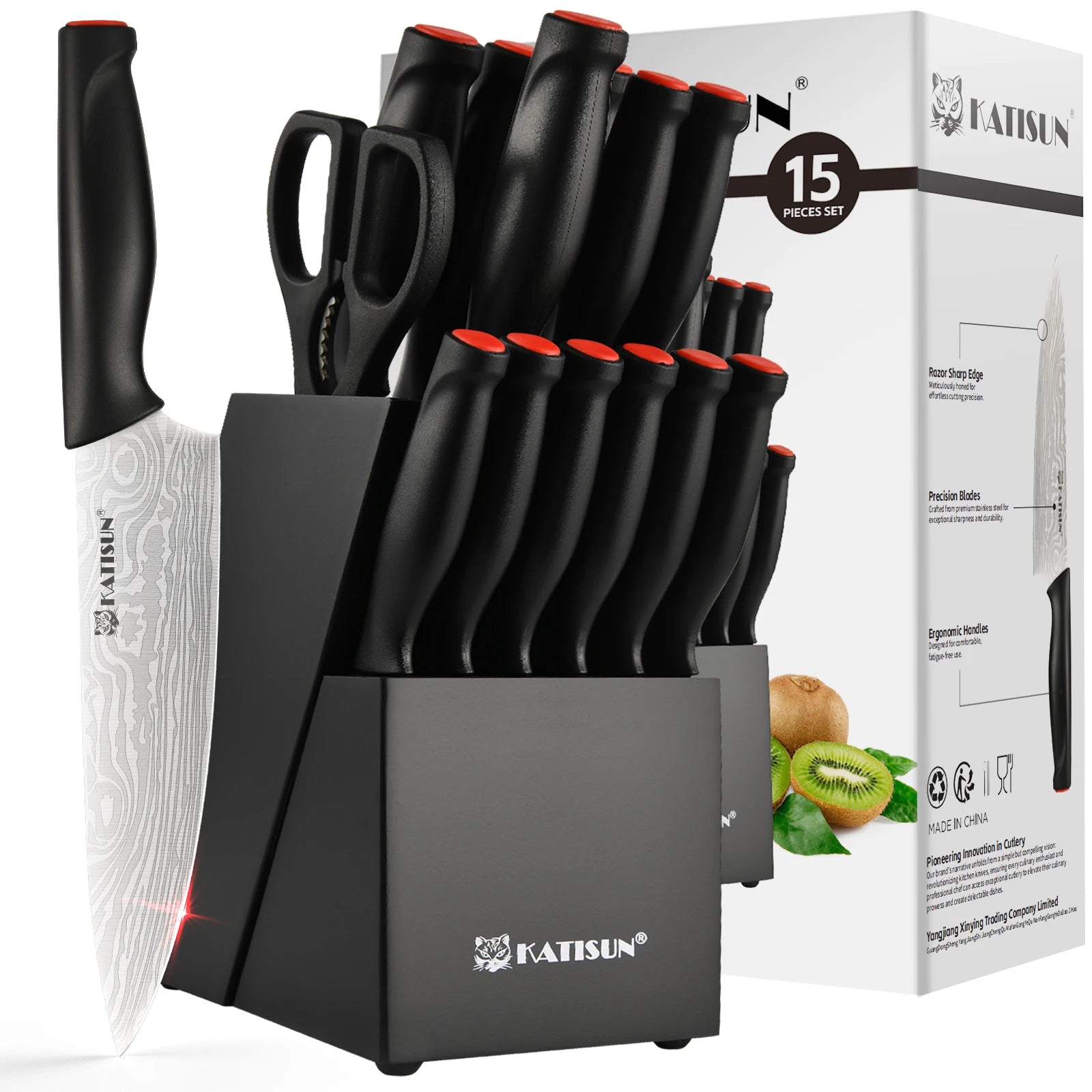 15 Pieces Kitchen Knife Block Set, Ergonomic Black Anti-Slip Handle with Red Trim, Includes Sharpener