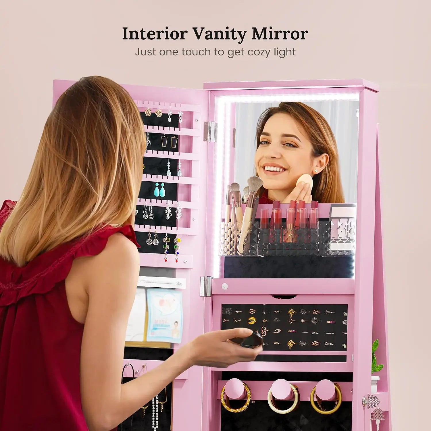 LED Mirror Jewelry Cabinet Standing, 360°Swivel  with Full Length Mirror, Storage