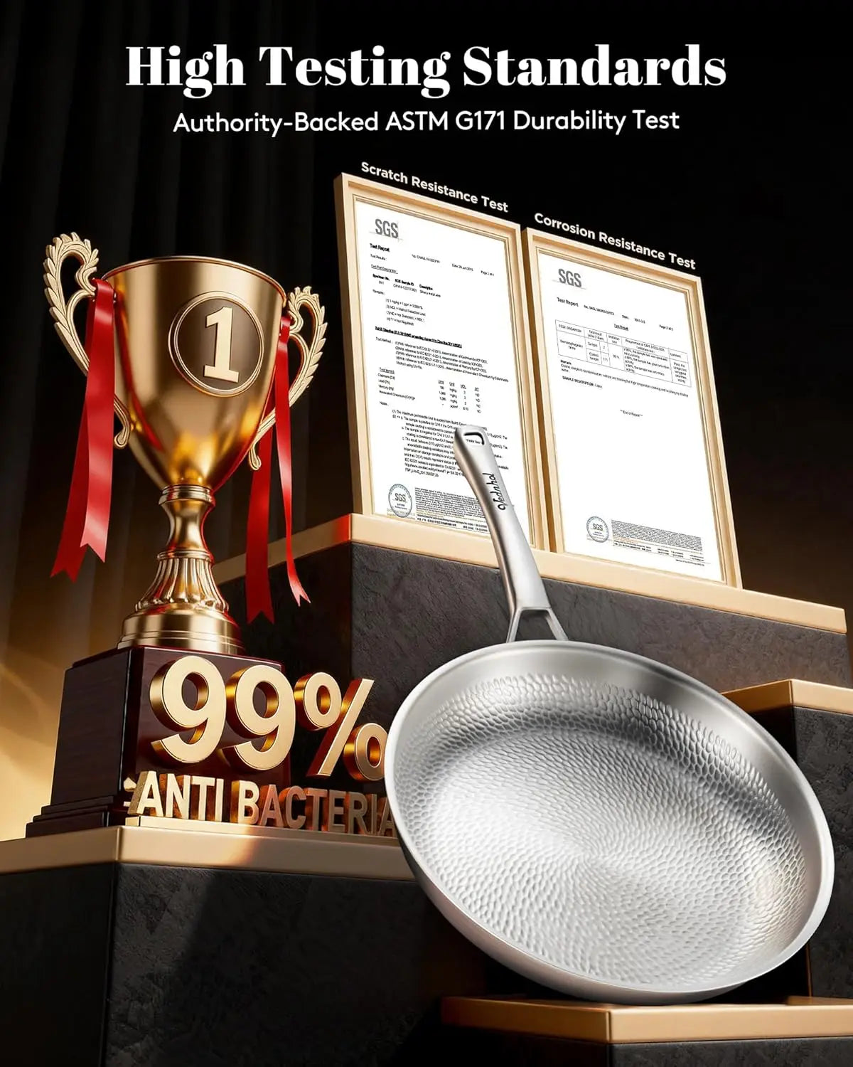 Pure Titanium Pan, 12 Inch  Hammered Pro frying pan with Lid, Non-Toxic Skillet