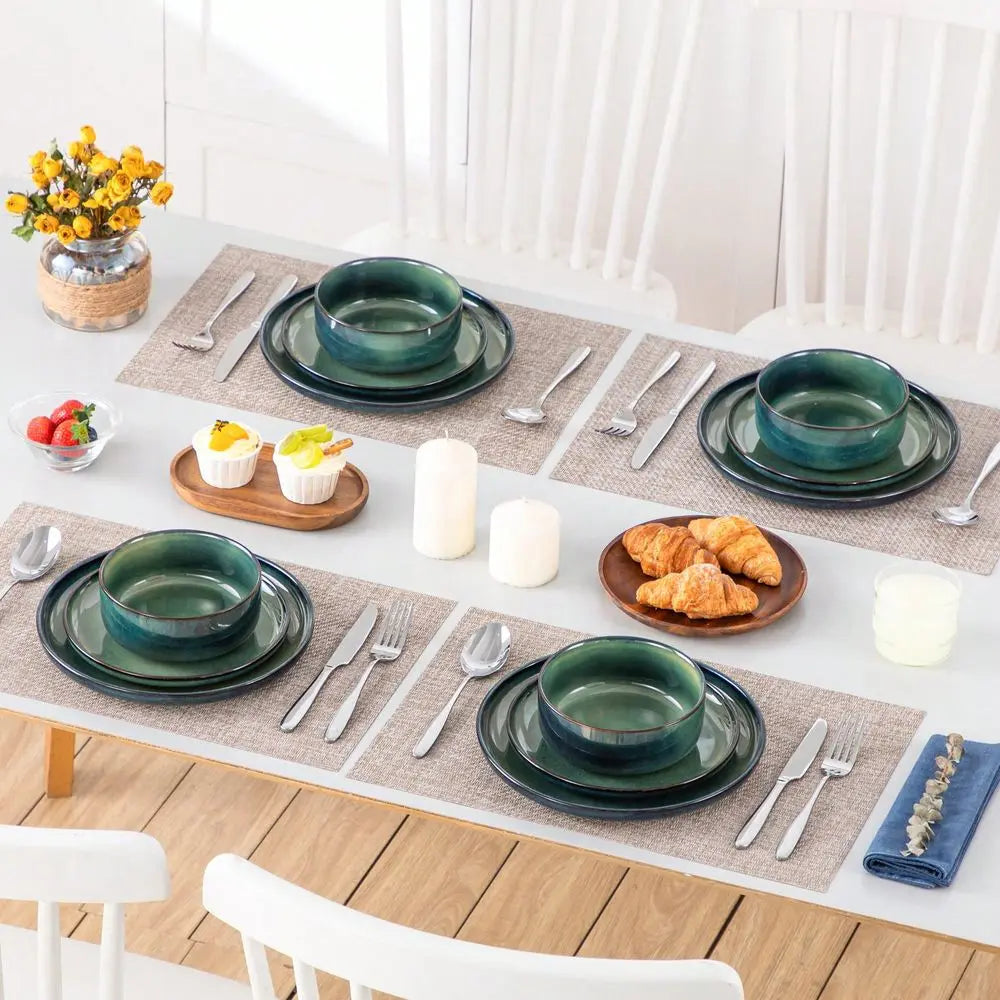 12 Pieces Kitchen Dinnerware Set, Green, Stoneware Dinnerware ,Set for 4 Round