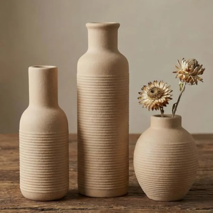 Rustic Farmhouse Ceramic Vase Set of 3 - - Pampas Grass Dried Fresh Flowers -
