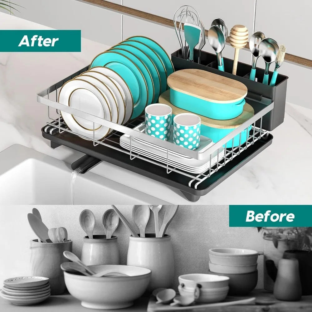 Rustproof Dish Drying Rack with Large 3-Compartment Utensil Holder for Kitchen Sink