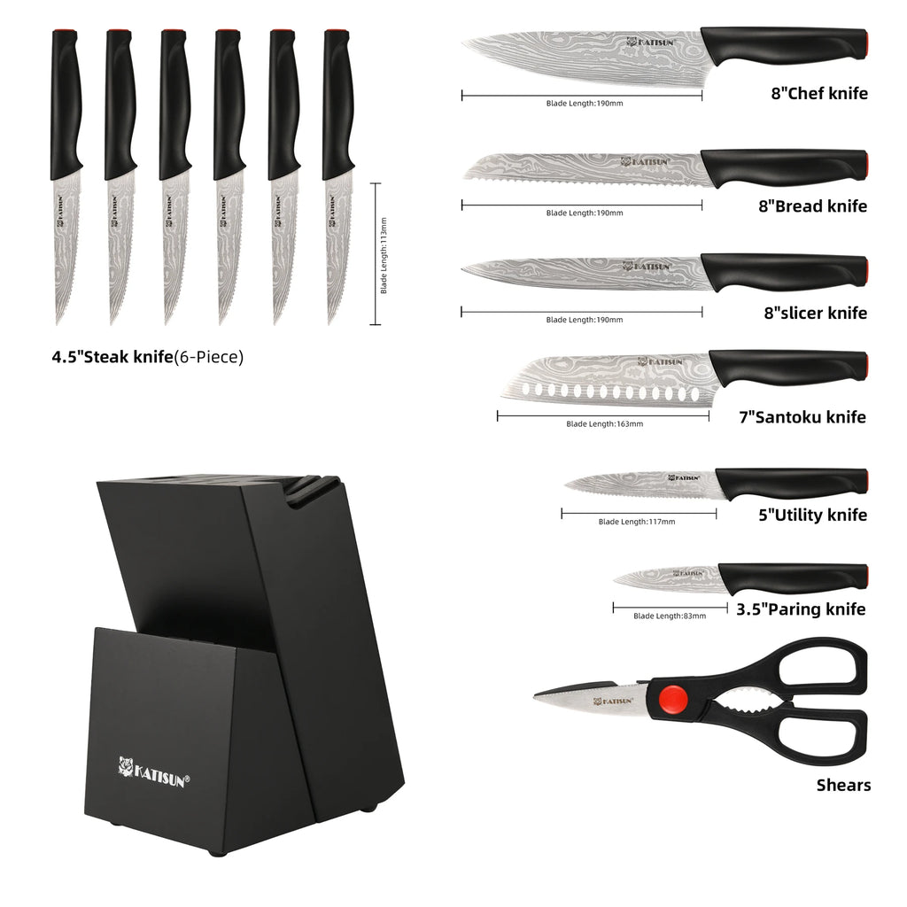 15 Pieces Kitchen Knife Block Set, Ergonomic Black Anti-Slip Handle with Red Trim, Includes Sharpener
