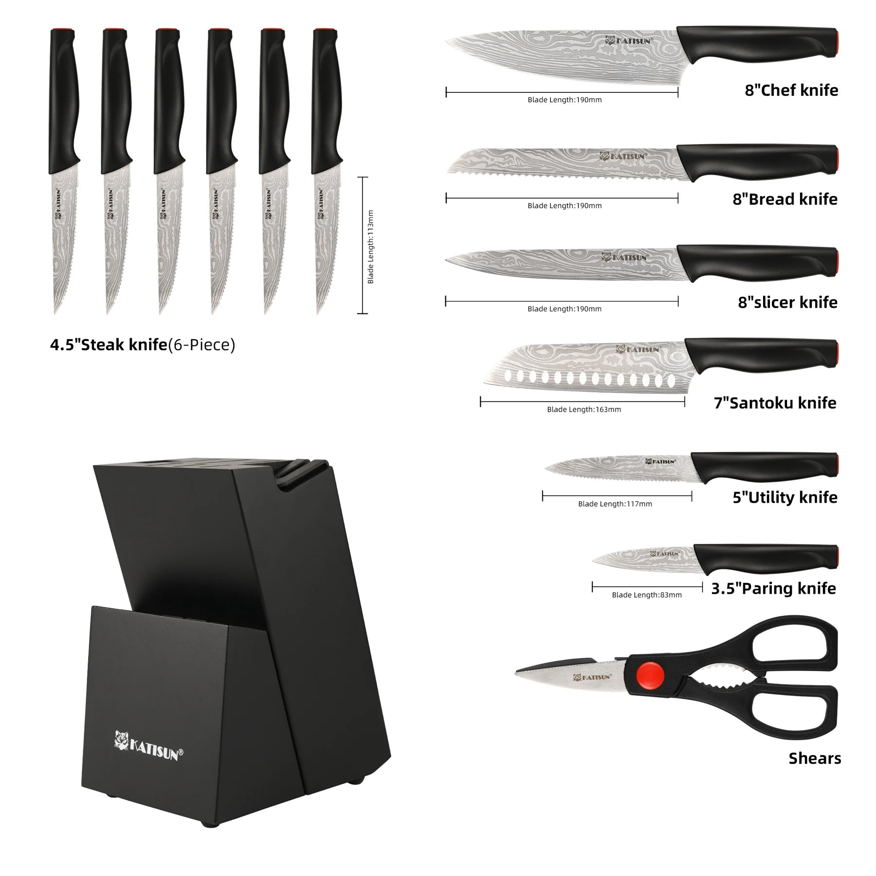 15 Pieces Kitchen Knife Block Set, Ergonomic Black Anti-Slip Handle with Red Trim, Includes Sharpener