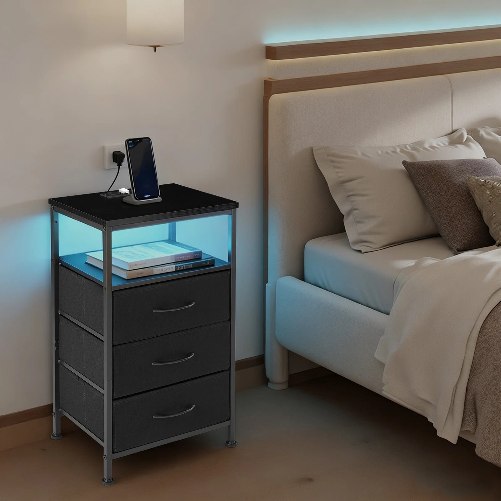 3 =Drawer Fabric Nightstand with Charging Station, USB-C Ports & Outlets